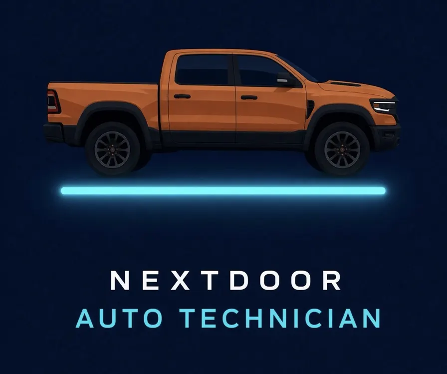 Nextdoor Auto Technician — copper pickup truck over a glowing cyan line